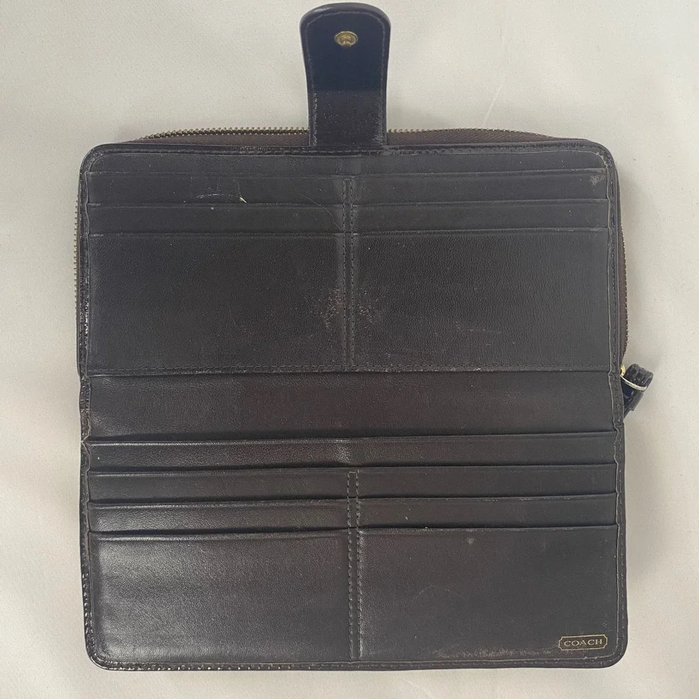 Coach Womens Brown Signature Canvas‎ Monogram Legacy Stripe Tri-Fold Wallet Snap